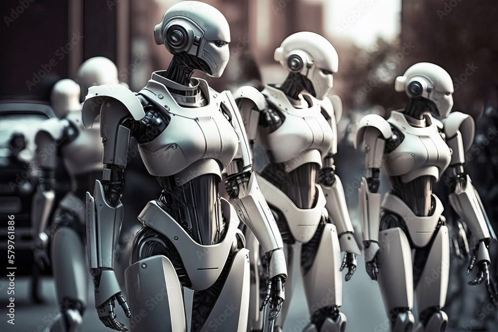 Generative AI of group of female robots walking on street in futuristic city against blurred background Generative AI of group of female robots walking on street in futuristic city against blurred background