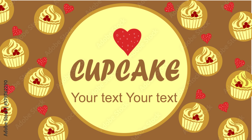 Business card for a pastry chef - cupcakes. Cupcakes with hearts on a brown background. Vector.