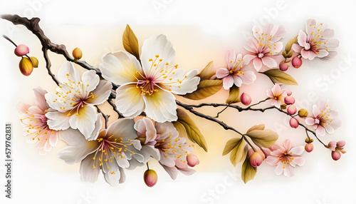Enchanting Cherry Blossom Collection, Delicate Yellow, White, and Pink Flowers for a Serene Ambiance, isolated on white