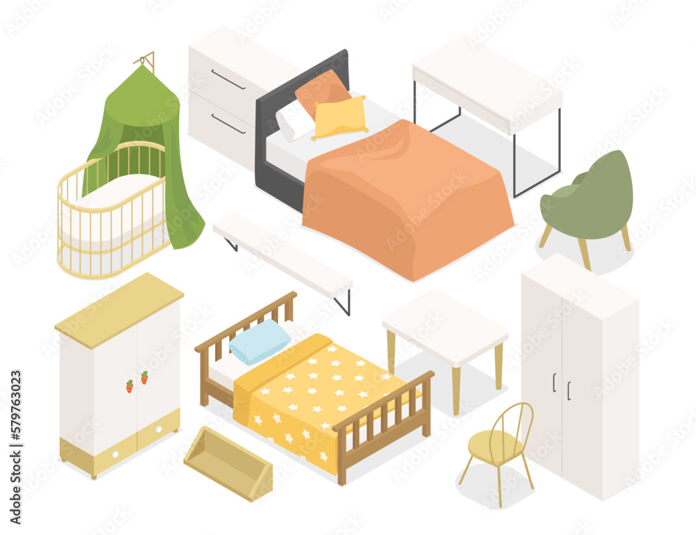 Children bedroom furniture - modern vector colorful isometric illustrations set