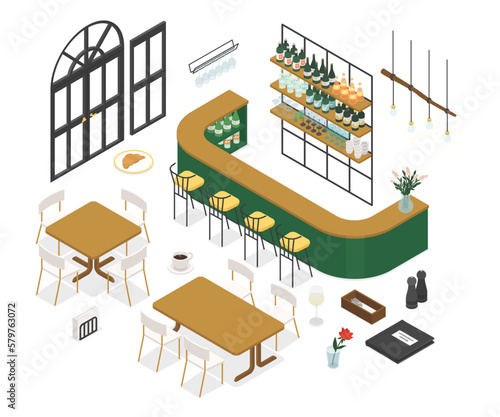 Bar interior - modern colorful isometric object set