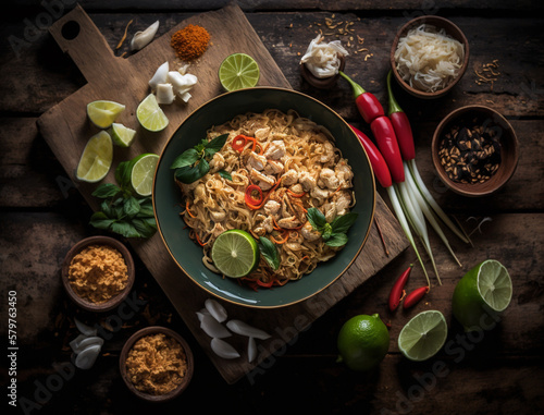 Pad thai, sizzling wok or frying pan, with tendrils of steam rising from the surface and a spatula flipping a mixture of noodles, tofu, and vegetables, Thai food
