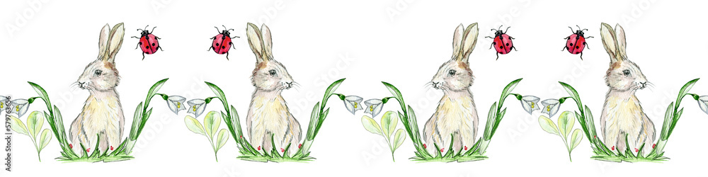 Hello spring, Summer time, Happy Easter, decorated modern style card, banner. Bunnies, flowers and ladybug. Colorful watercolor realistic design Hello spring, Summer time, Happy Easter, decorated modern style card, banner. Bunnies, flowers and ladybug. Colorful watercolor realistic design