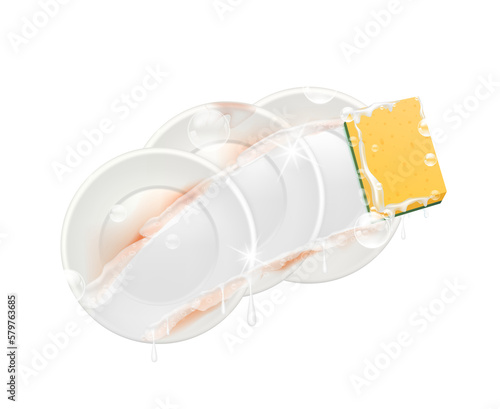 Clean plates with scrub sponges. Water splash restaurant dishwashing realistic style. Package design. 3D File PNG.