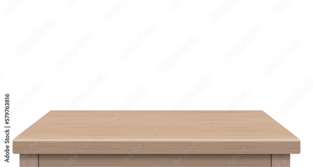 Wood table perspective view, wooden surface of desk, kitchen top made of brown timber board. Realistic 3d file PNG. Wood table perspective view, wooden surface of desk, kitchen top made of brown timber board. Realistic 3d file PNG.