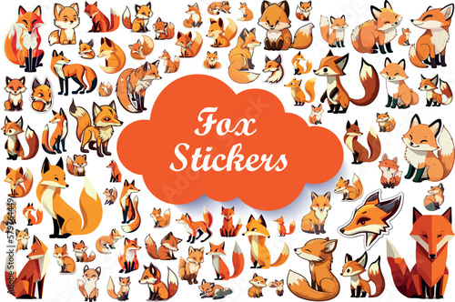 Fox stickers set in cartoon  doodle style. Animals stickers. Vecktor illustration