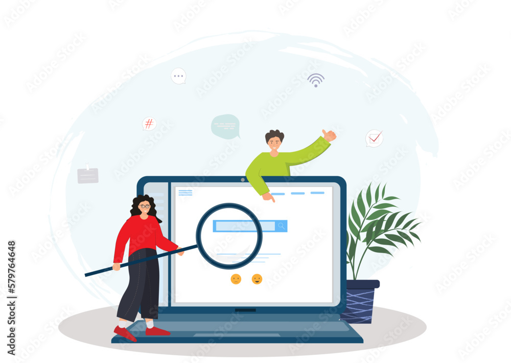 People searching for information on the web site, asking questions, cyberspace concept, flat vector illustation People searching for information on the web site, asking questions, cyberspace concept, flat vector illustation