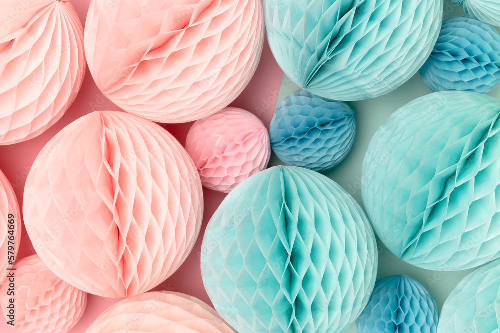 Tissue paper balls in a pink and blue colors. Gender reveal party concept. Creative festive background. - obrazy, fototapety, plakaty 