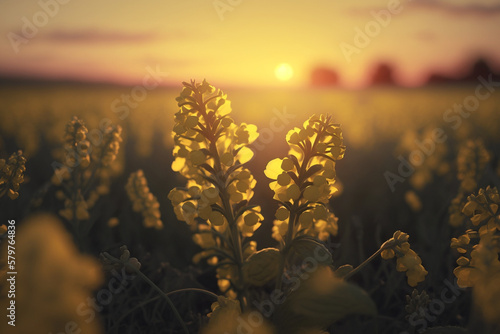 A field of yellow flowers with the sun setting in the background, Generative AI