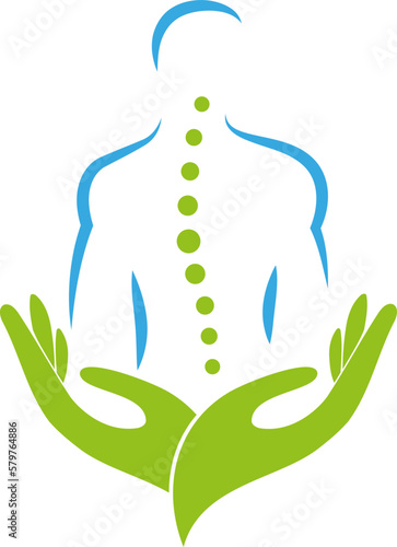 Person und Hände, Wirbelsäule, Chiropraktiker, Orthopädie, Massage, Logo, Hintergrund
