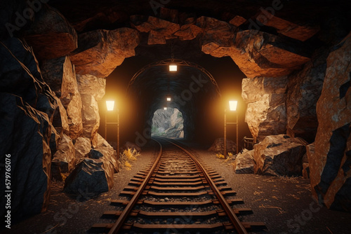A train track coming out of a dark tunnel, Generative AI