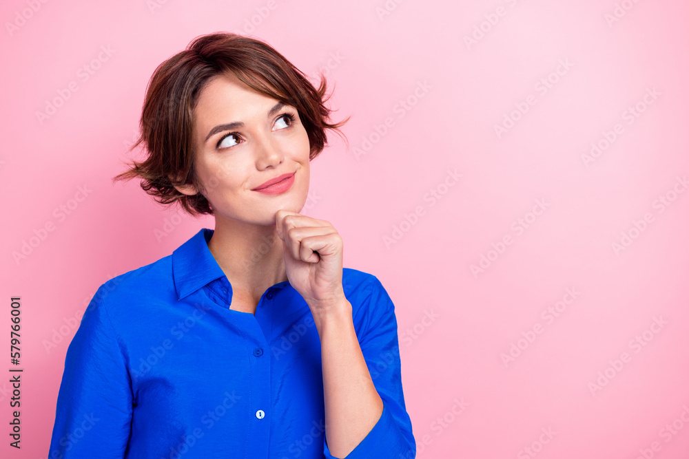 Photo of minded pretty girl hand touch chin look empty space contemplate isolated on pink color background Photo of minded pretty girl hand touch chin look empty space contemplate isolated on pink color background