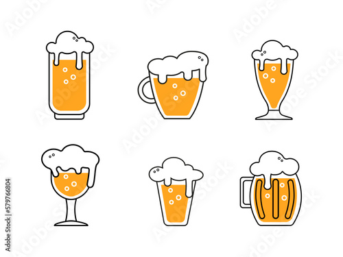 Cute beer glasses and mugs colored icon isolated on white background. Beer Symbol. Vector Design Illustration. Outline style.