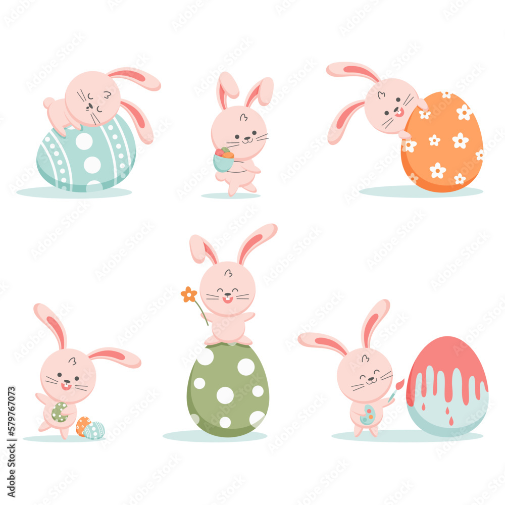 Happy Easter greeting card with cute white bunny and eggs. Rabbit character set.
Happy Easter greeting card with cute white bunny and eggs. Rabbit character set.