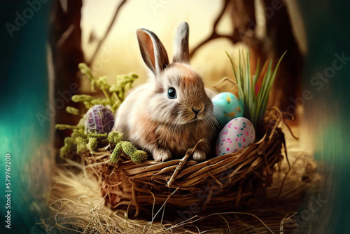 Brown Easter Bunny in the nest of twigs with Easter eggs and grass, Generative AI © Eva
