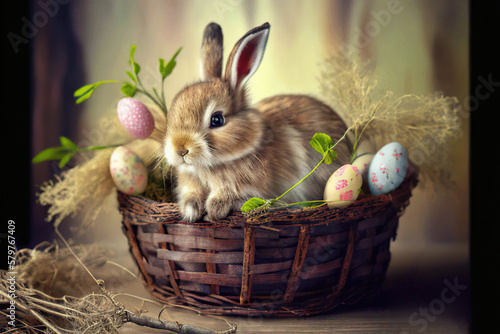 Cute little brown Easter Bunny in the basket with Easter eggs and herbs, Easter, Generative AI