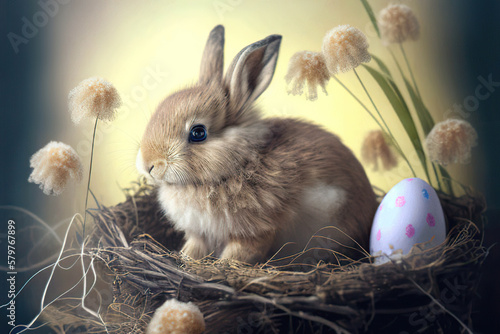 Pretty little brown Easter Bunny in the nest of twigs with the Easter egg and herbs, light yellow background, Easter, Generative AI © Eva
