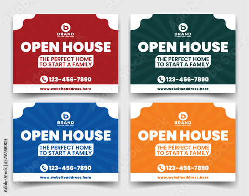 Home sale business real estate company ads, yard sign, signage design vector template for outdoor advertising multiple color version red orange green blue