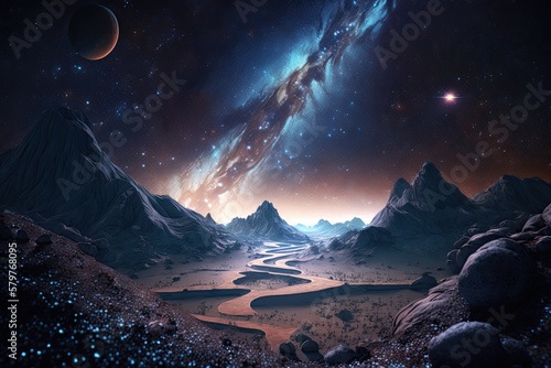 Space digital artwork. Surreal fantasy cosmos. Nebula with planets and stars.Generative AI © Smart AI