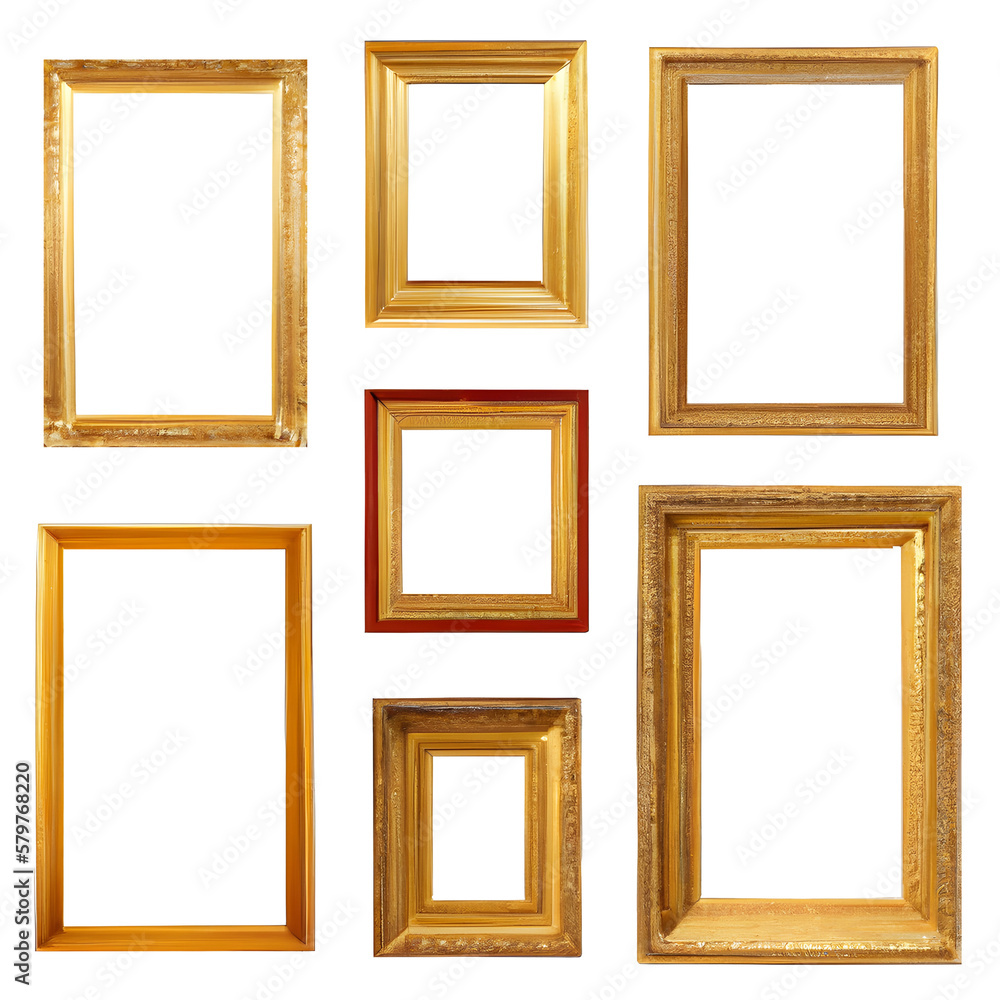 Set of blank antique gold picture frame. Generative AI. Set of blank antique gold picture frame. Generative AI.