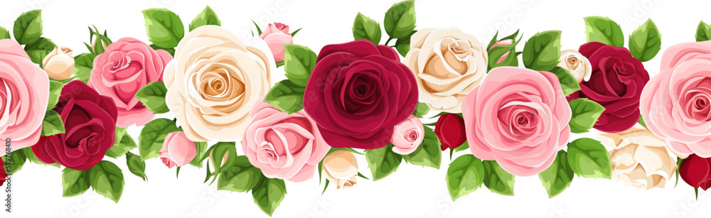 Floral seamless garland with red, pink, and white rose flowers and green leaves. Vector horizontal seamless border
