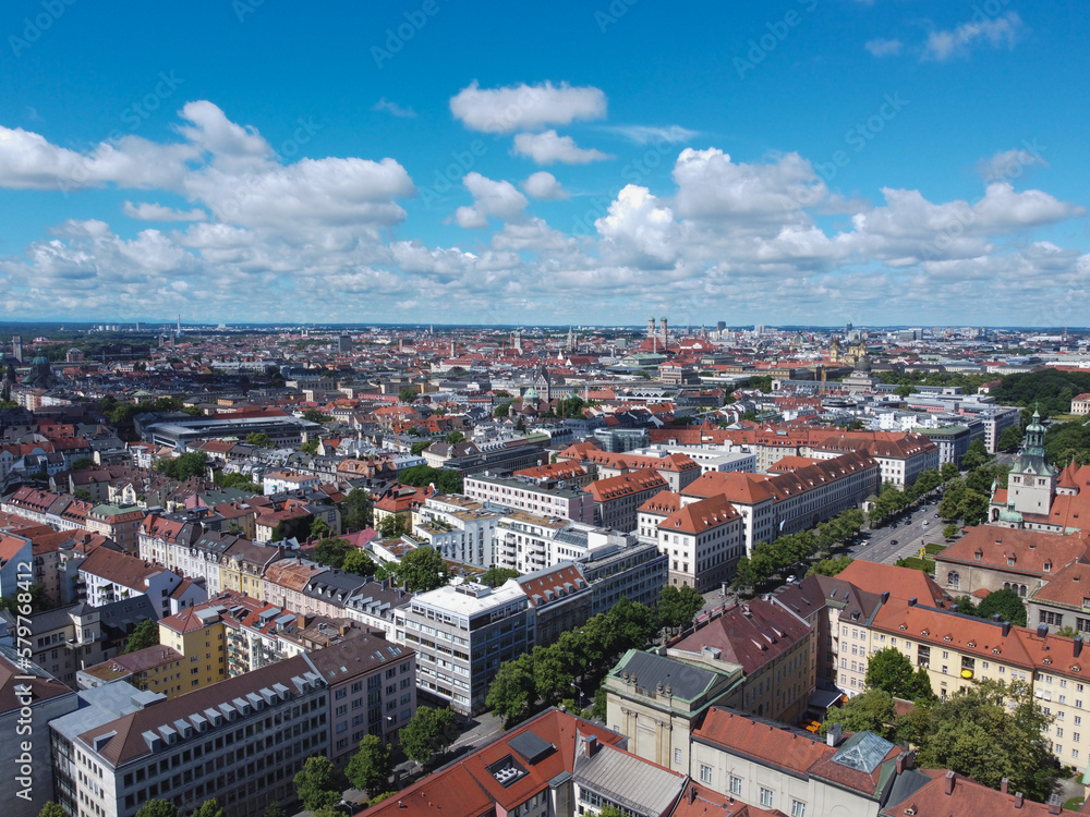 Aerial view on Marienplatz town hall and Frauenkirche in Munich, Germany