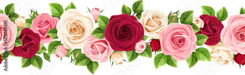 Floral seamless garland with red, pink, and white rose flowers and green leaves. Vector horizontal seamless border