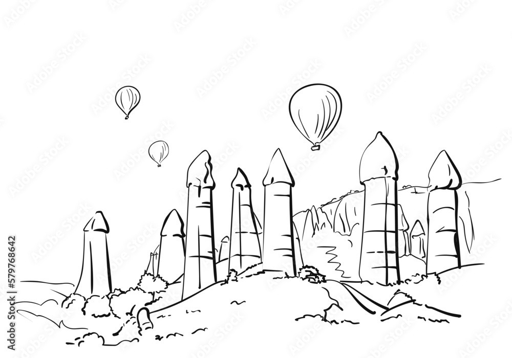 Sketch of Cappadocia landscape, hot air balloons fly over phallic rock formations, Unusual nature hand drawn illustration, Love valley in Turkey