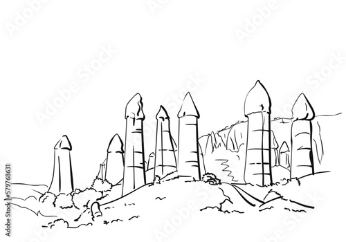 Sketch of phallic rock formations in Cappadocia, Unusual nature hand drawn illustration, Love valley in Turkey