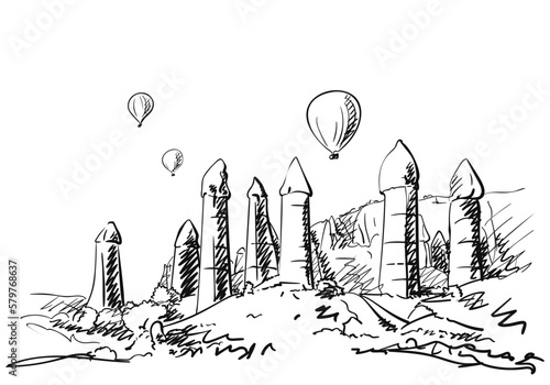 Cappadocia landscape travel sketch, Hot air balloons fly over spectacular rock formations, Nature hand drawn illustration, Love valley in Turkey