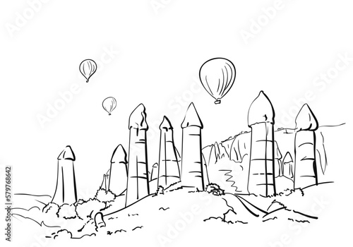 Sketch of Cappadocia landscape, hot air balloons fly over phallic rock formations, Unusual nature hand drawn illustration, Love valley in Turkey