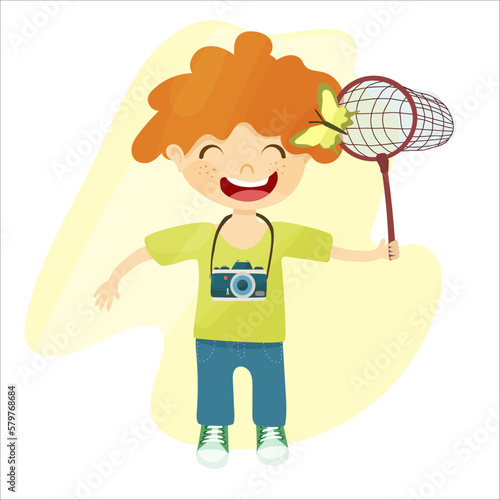 a boy catches butterflies in a net and photographs nature and wildlife