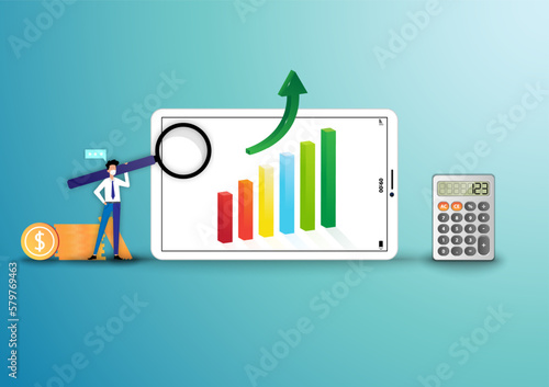 Business concept about sales growth, business man holds a big magnifier and focus on a big screen of electronic device that contain colorful bar chart and green arrow to present business sales growth.