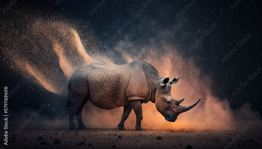 Fototapeta premium Extinction concept of rhino fading away in the stars