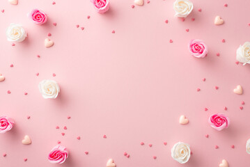 Mother's Day concept. Top view photo of white and pink rose buds small hearts and sprinkles on isolated pastel pink background with copyspace in the middle