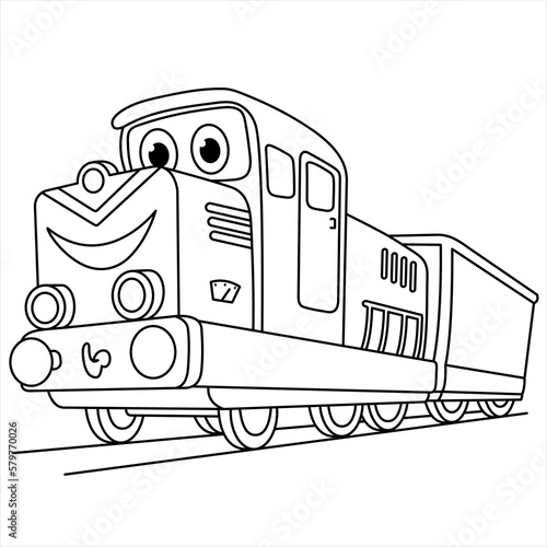 Cartoon Happy Train Coloring Page. Locomotive Isolated On White Background. Illustration For Children. Coloring Book