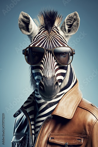 Portrait of a Cool Zebra in a Leather Jacket and Sunglasses (Generative AI)