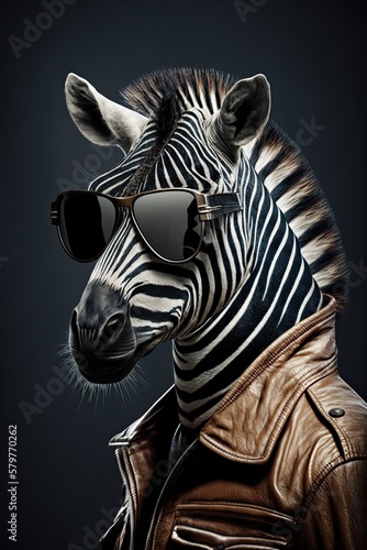 Portrait of a Cool Zebra in a Leather Jacket and Sunglasses  Generative AI 
