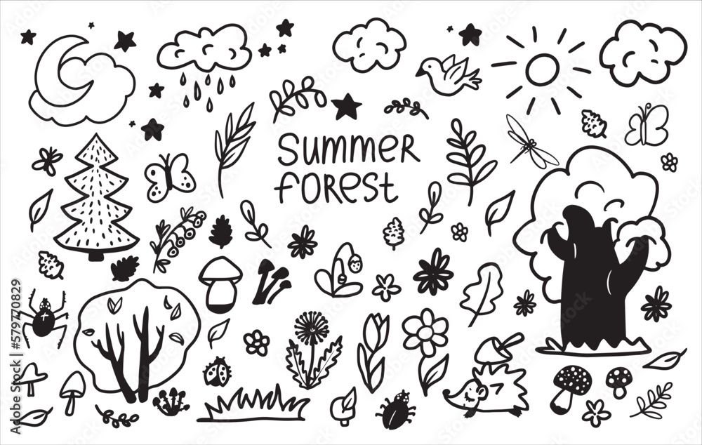 Obraz premium A large set of cliparts summer forest. Collection of doodles, trees, leaves, flowers, hedgehog, bird, insects, clouds, sun and moon. Hand-drawn icons