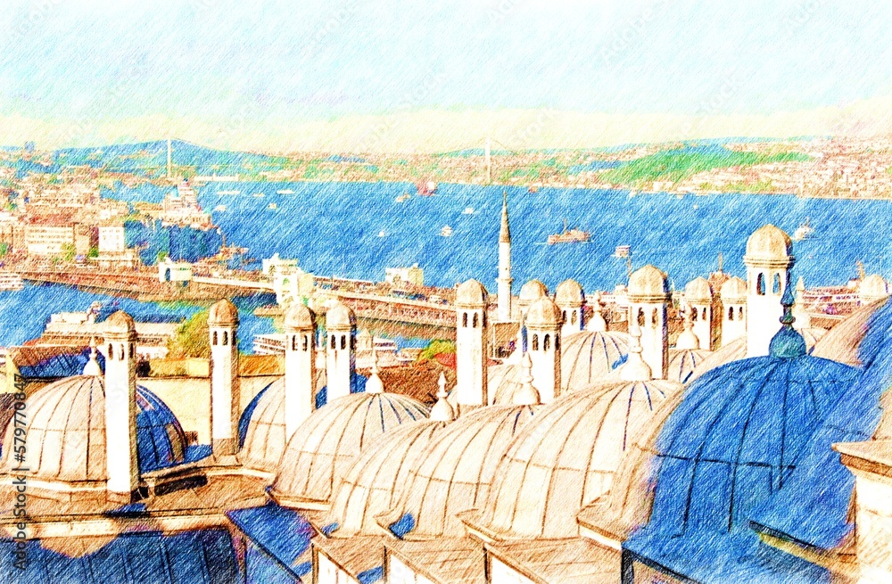 Colored pencil drawing of Istanbul Bosphorus strait view through domes and chimneys of Suleymaniye Complex - famous turkish landmark, Digital art