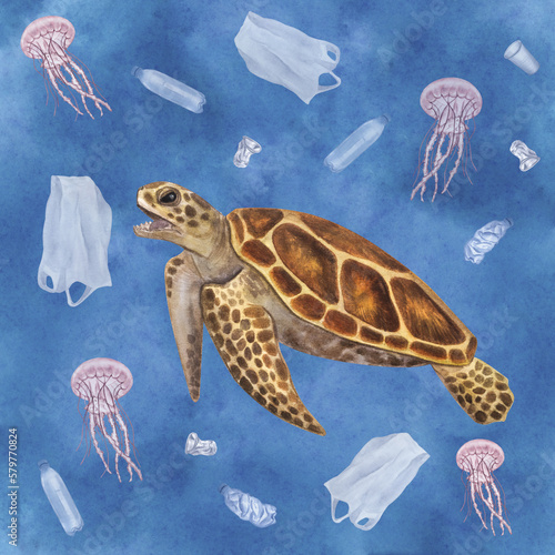 Big sea turtle hunts eats package instead jellyfish. Endangered. Hand-drawn watercolor illustration. On a blue background photo