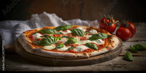 Pizza avec mozzarella tomate fromage basilic, sur un plateau en bois, mise en scène dans une cuisine