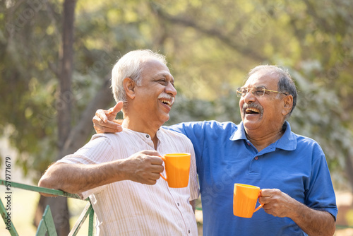 Two senior friends having fun raising a toast with coffee cups at park
