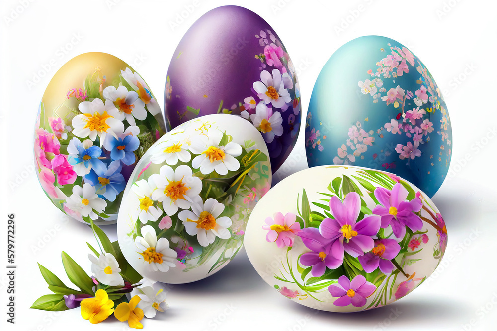 Fototapeta premium Colorful Easter eggs with spring blossom flowers isolated over white background. Generative ai