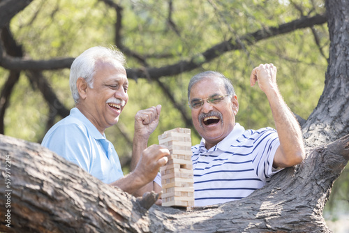 Photography Senior Men playing wooden blocks in park