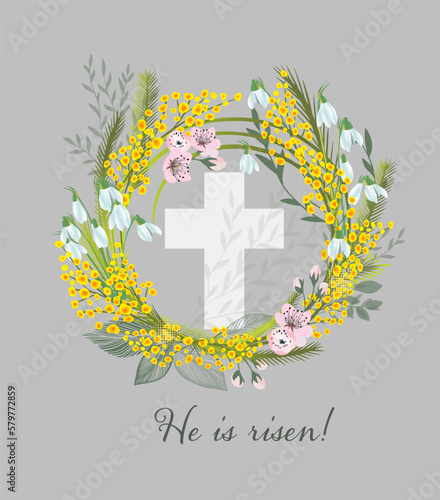He is risen . Symbol for congratulations on the Resurrection of Christ. Vector illustration