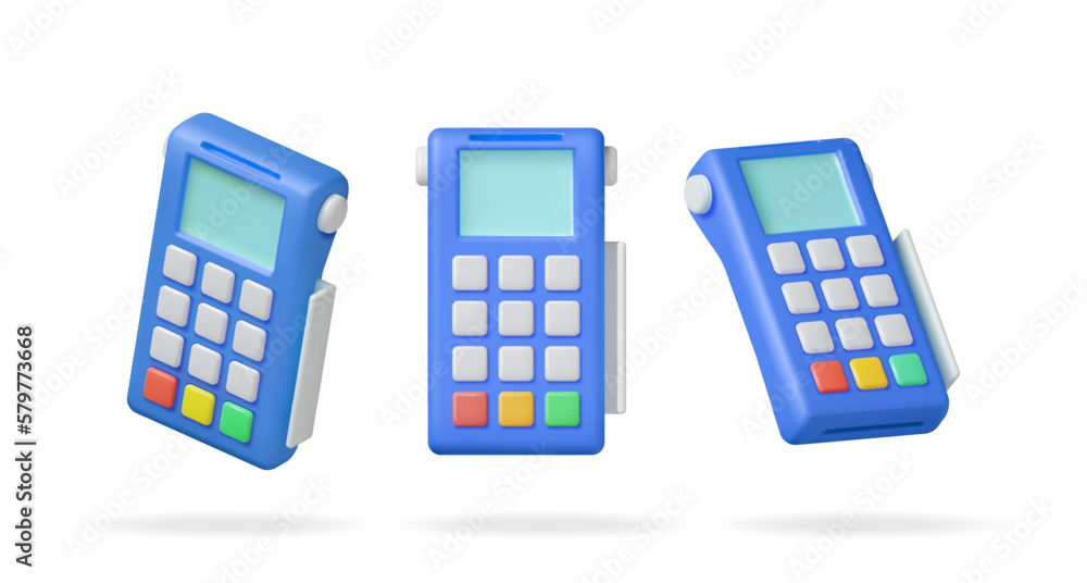 3D Payment Terminal Set Isolated. Render Modern POS Bank Payment Device Various Poses. Payment NFC Keypad Machine. Credit Debit Card Reader. Contactless Payment Transaction Vector illustration - obrazy, fototapety, plakaty 