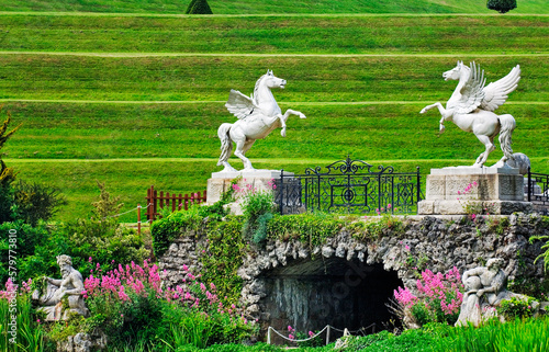 Powerscourt mansion house garden near Enniskerry, Ireland. Winged Pegasus horses horse statues cast in 1869 in zinc by Professor Hugo Hagen in Berlin photo