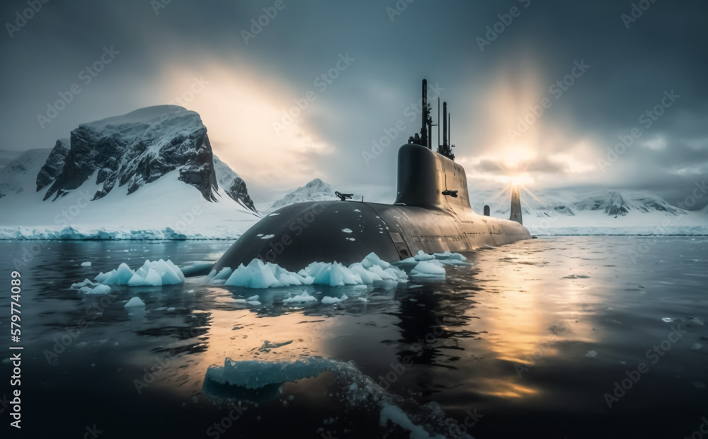 A large Submarine on the surface in the Arctic, with ice and mountains. Illustrative Generative AI.