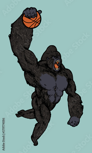 Gorilla slam dunk. Gorilla jumping with a basketball isolated vector illustration.